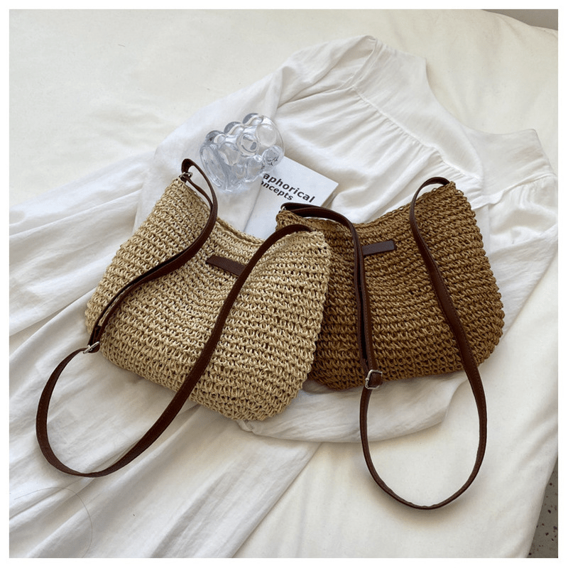 Straw Woven Zipper Hobo Crossbody Bag, Exquisite Decorative Shoulder Bag, Fashion Summer Beach Bag
