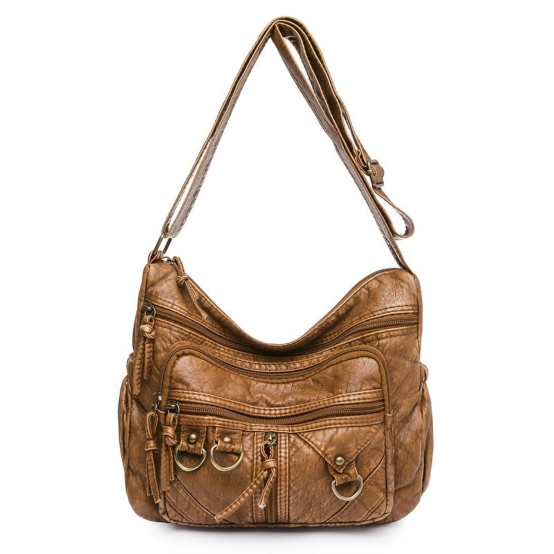 Vintage Crossbody Bag, Studded Decor Shoulder Bag, Women's Multi Pocket Zipper Purse