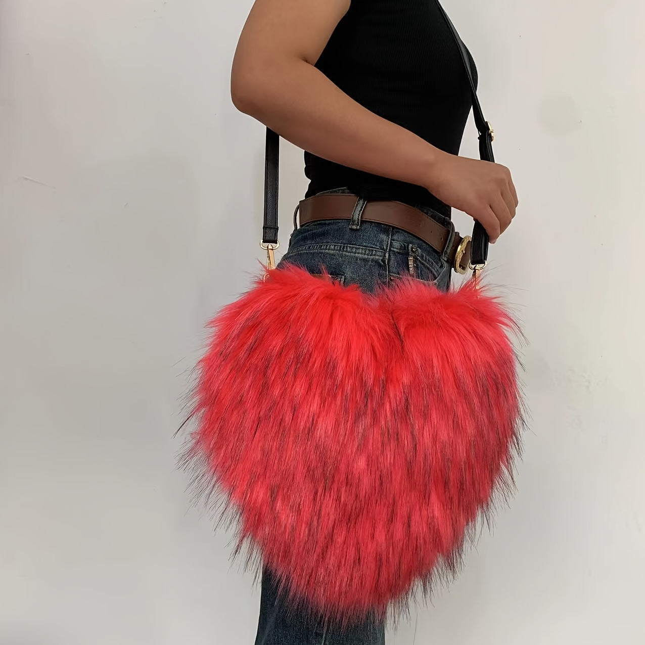 Y2K Fluffy Crossbody Bag, Heart Shaped Novelty Shoulder Bag, Women's Trendy Handbag & Purse