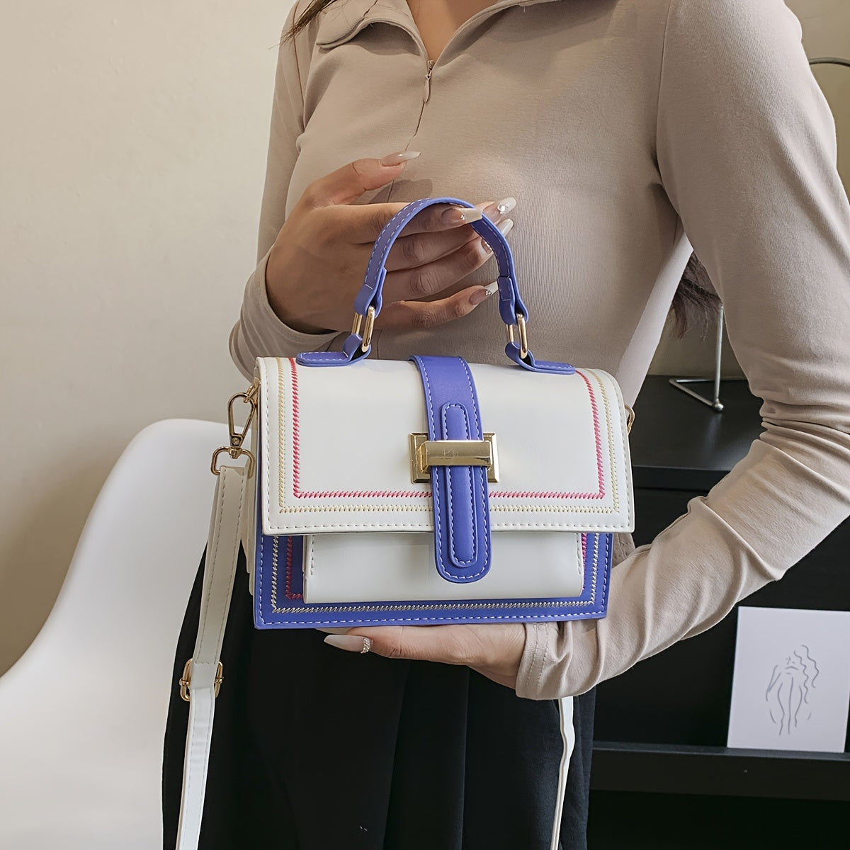 Trendy Color Blocking Crossbody Bag, Multi-layer Square Flap Handbag, Perfect Shoulder Bag For Daily Use
