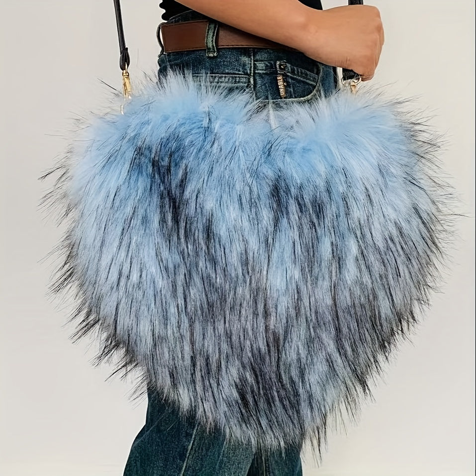 Y2K Fluffy Crossbody Bag, Heart Shaped Novelty Shoulder Bag, Women's Trendy Handbag & Purse