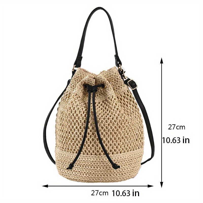 Drawstring Straw Woven Handheld Crossbody Bag, Exquisite Decorative Shoulder Bag, Fashion Summer Beach Bag