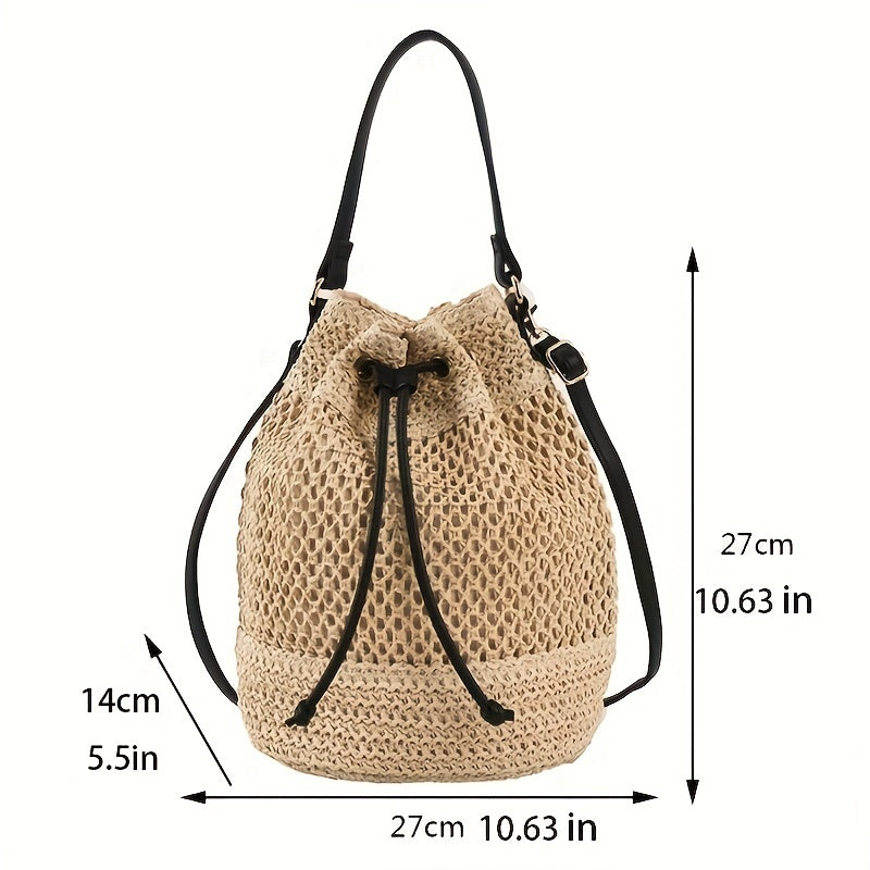 Drawstring Straw Woven Handheld Crossbody Bag, Exquisite Decorative Shoulder Bag, Fashion Summer Beach Bag